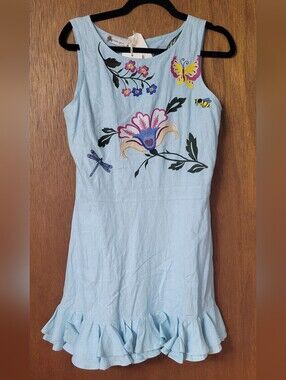 Fanm Mon Light Blue Embroidered Midi Dress
